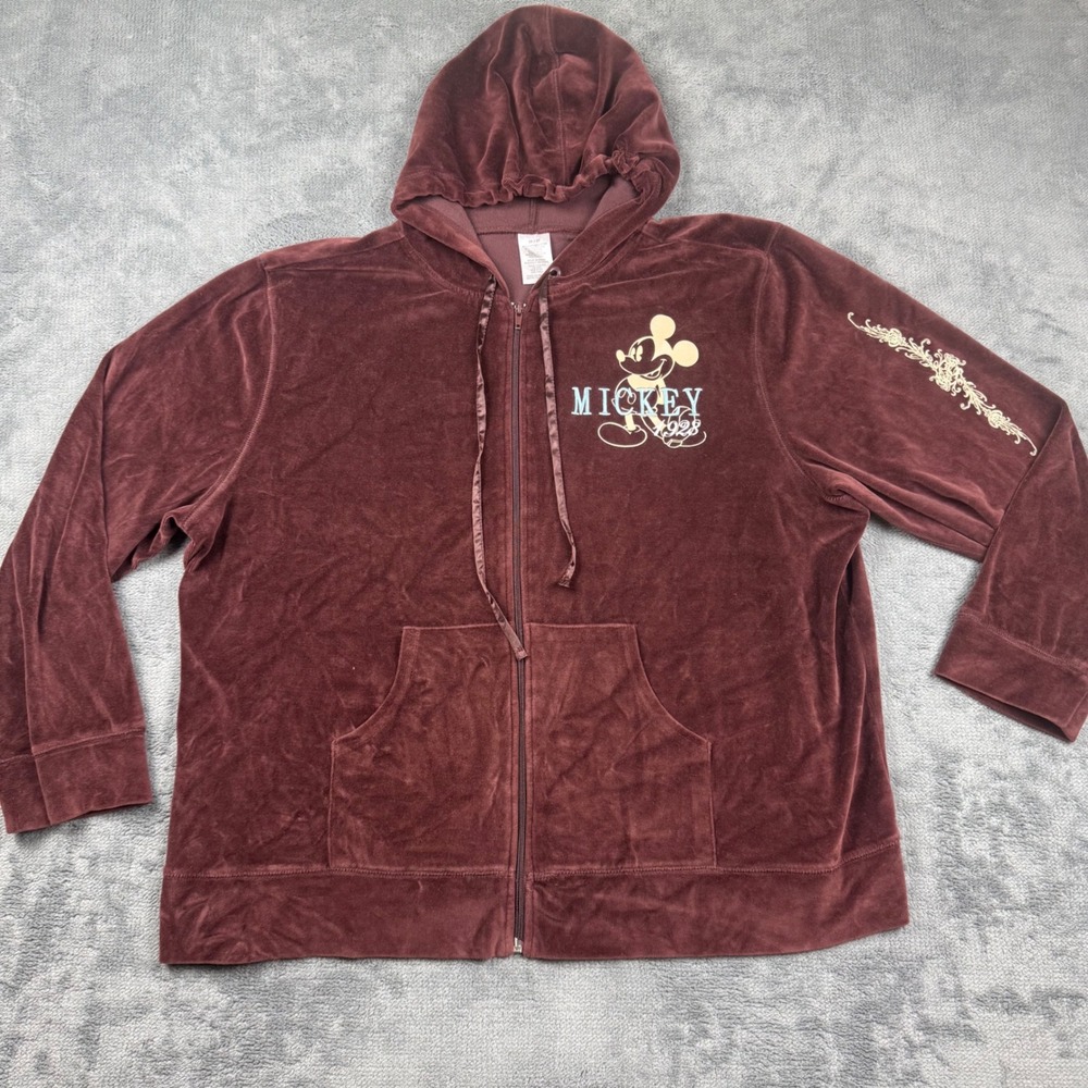 Y2K-style Vintage Disney Mickey Mouse Velour Zip Up Hoodie Burgundy 3X Graphic